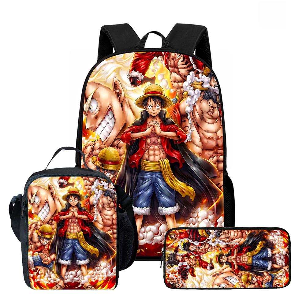 One Piece 3-In-1 Cartoon Lightweight Adjustable School Backpack with Lunch Bag& Pencil Case for Children Age 6-10 Primary School