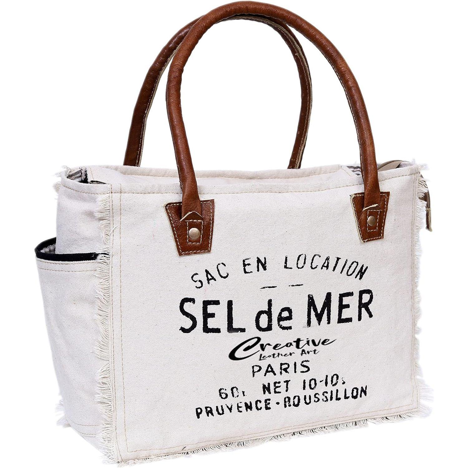 

Сумка Sel De Mer из переработанного холста Большая сумка из переработанного холста и воловьей кожи, сумка из переработанного холста и воловьей кожи 13 x 5 x 10 in