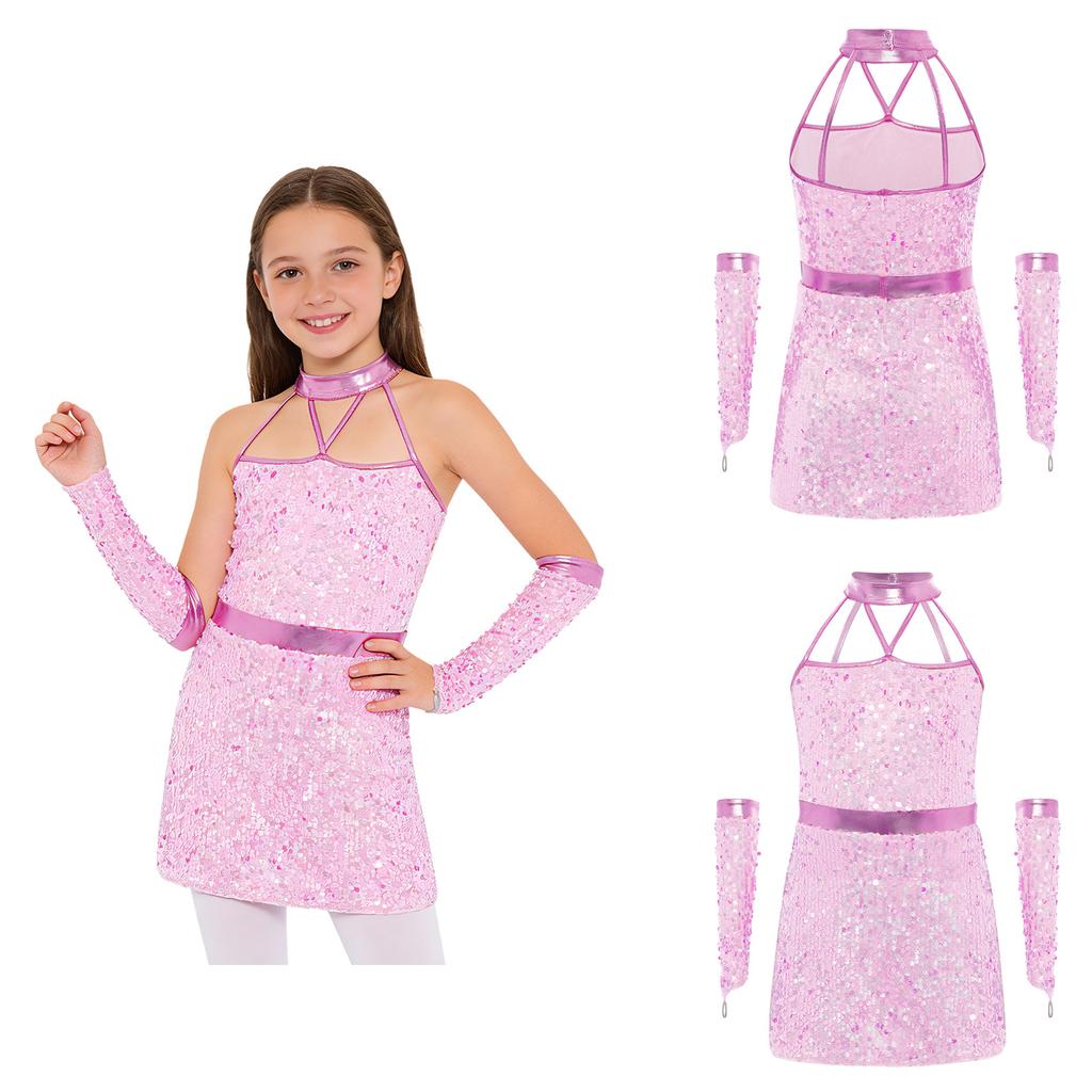 Kids Girls Jazz Dance Halter Dress Sleeveless Strappy Back Invisible Zipper Sparkling Sequins with 1 Pair Gloves for Stage Performance