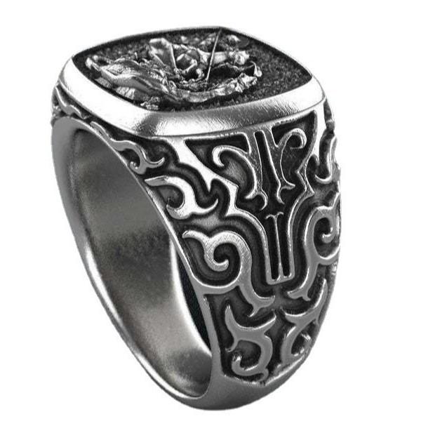 Antique Distressed Two Tone Silver Men's Wide Band Ring