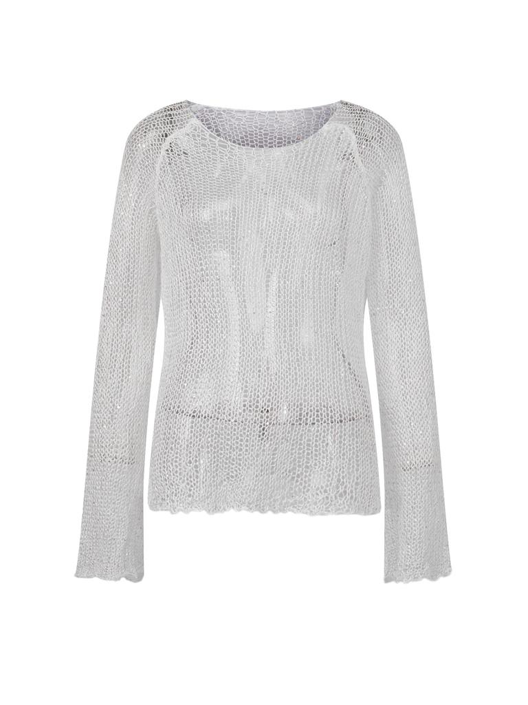 Women's Semi Transparent Sheet Top - Loose Hollow Round Neck Long Sleeved Shirt, Elegant Shiny T-shirt (hand Washed/air Dried)