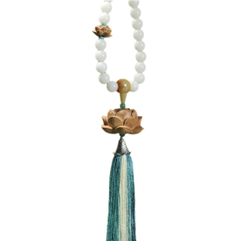 Natural White Jade & Peach Wood Lotus Pendant for Rearview Mirror