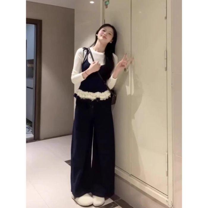 Korean Chic Lace Two-Piece Look Long Sleeve Ballet Top L темно-синий