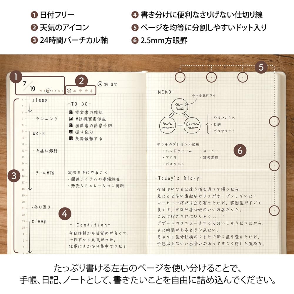 Midori Hibino A6 Free Tagebuch Elfenbein, 2 Seiten pro Tag Tagesplaner & Notizbuch, Japanische Schreibwaren 15395006