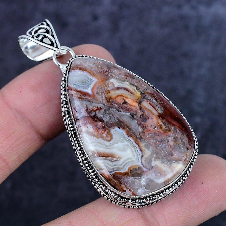 Natural Laguna Lace Agate Gemstone 925 Sterling Silver Pendant 2.36" ETC-14230