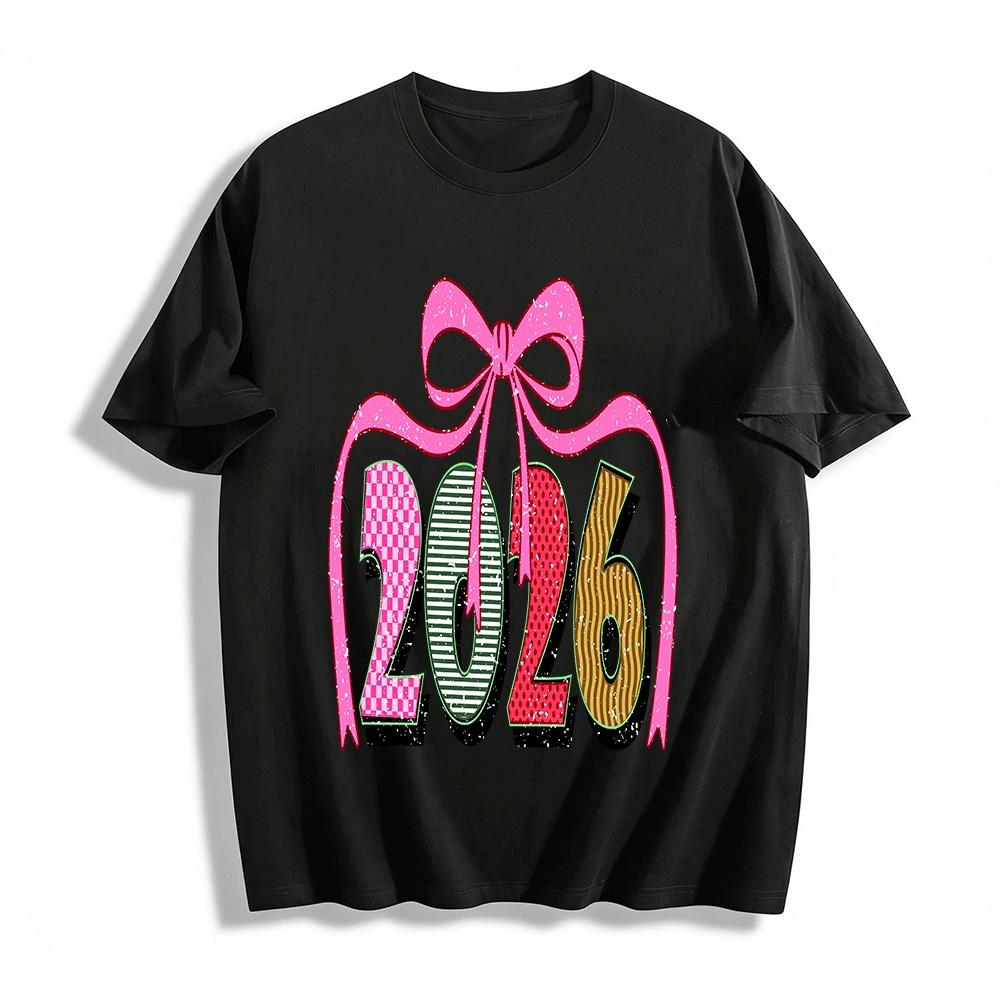 2026 New Year Retro Plaid Polka Dot Print Bow Decor Casual Top Pure cotton T-shirt XXS