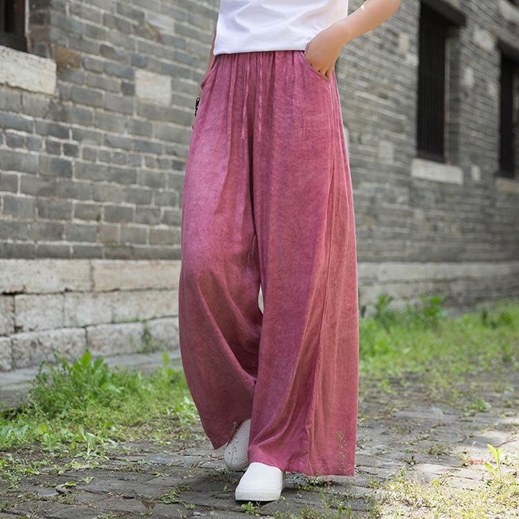 

Tencel Tie-Dye Chinese Style Wide-Leg Yoga Pants - Spring/Summer Artistic Flowy Travel Wear One Size вина червоного кольору
