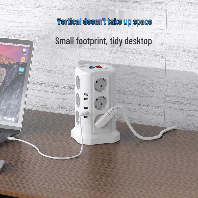 European Standard Power Strip: 3-Layer, 12 Sockets, USB, Extension Cord, Multi-Hole Plug Board