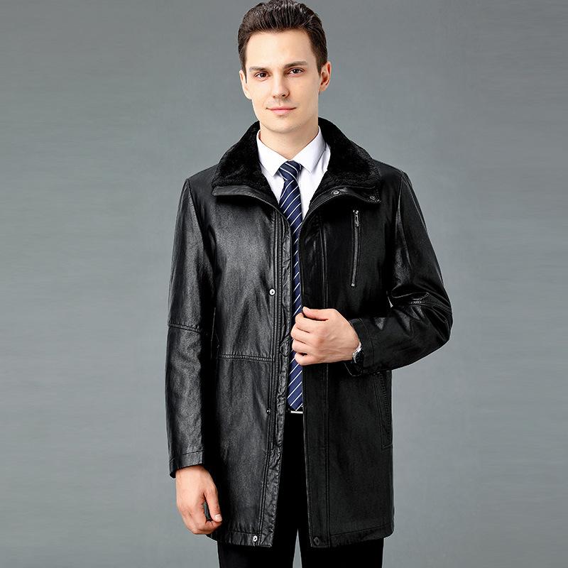 Winter Lammfell plus Fleece Herren Mid-Length Business Casual Jacke Papa's dicke Lederjacke