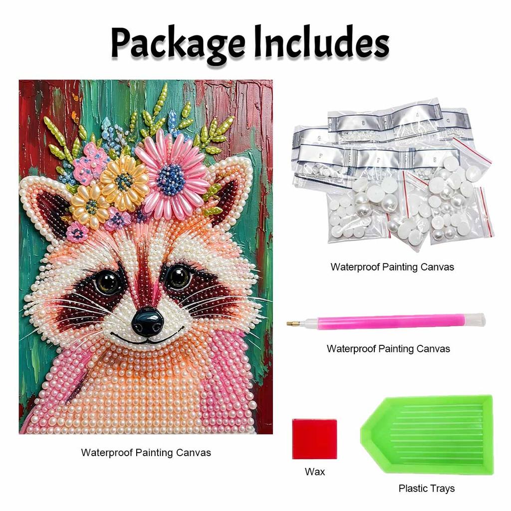 Pearl Painting DIY Kit Raccoon with Floral Crown Frameless Shiny Bead Canvas Creative Craft for Home Wall Decor Art Project Hobby Supplies