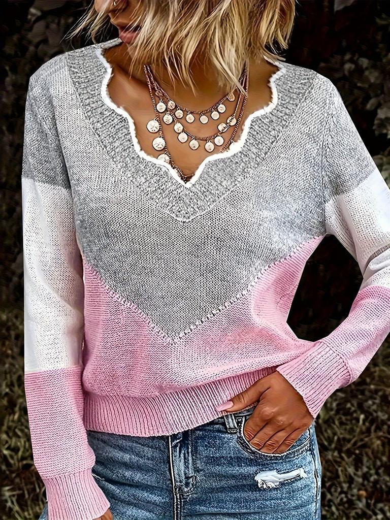 [Kuscheliger Pullover] Kuscheliger Farbblock Damen Casual V-Ausschnitt Pullover | Langarm-Pullover mit gerippten Bündchen, Herbst-/Winter-Oberteil für Freizeitkleidung