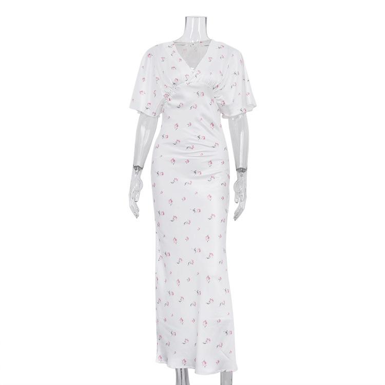 women s Floral Print V Neck Flutter Short Sleeve High Waist Bodycon Mermaid Maxi Dress S