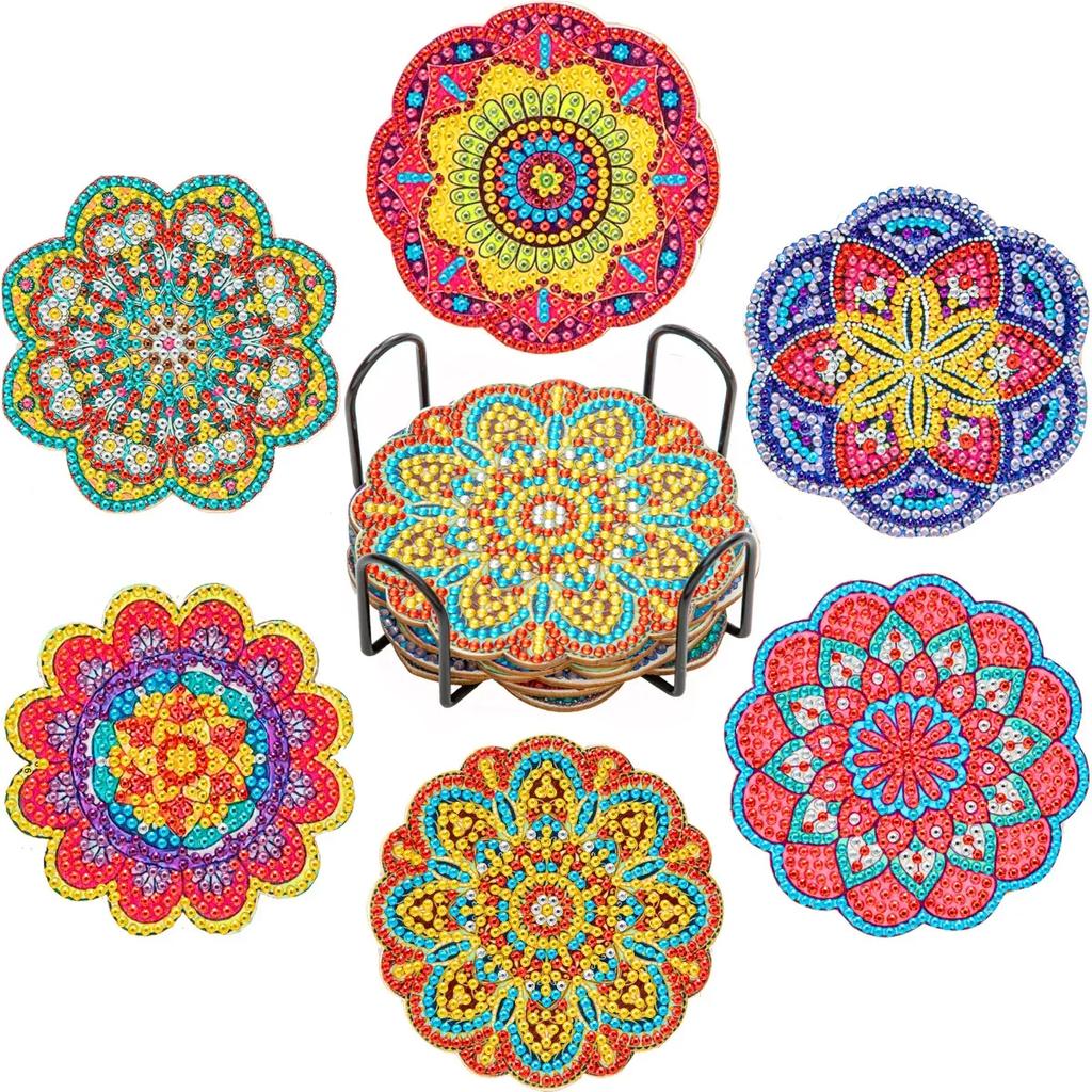 6ks/sada Diamond Malířské podtácky 5D DIY kulaté diamantové mozaikové podložky pod poháry Mandala s držákem