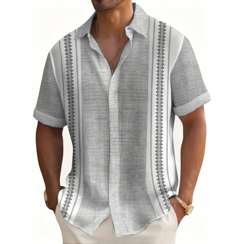 Мужская повседневная рубашка с коротким рукавом - Свободный крой, геометрический принт, контрастные полосы XS