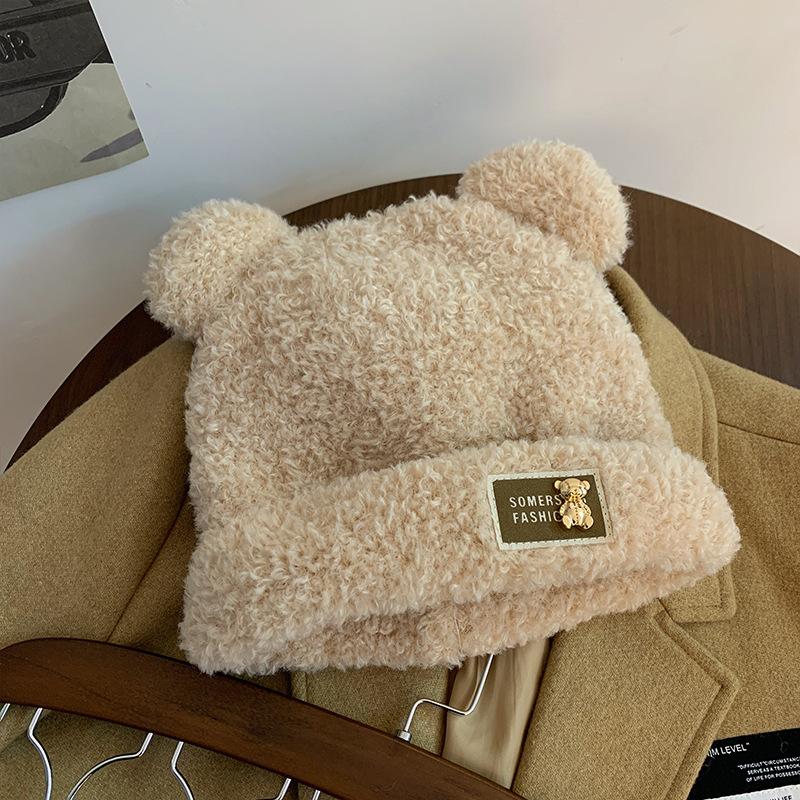 Ears Bear Wool Hat Women's Autumn and Winter Plush Thickened Knitted Hat Korean Version Cute Niche Cold Hat Women's Winter
