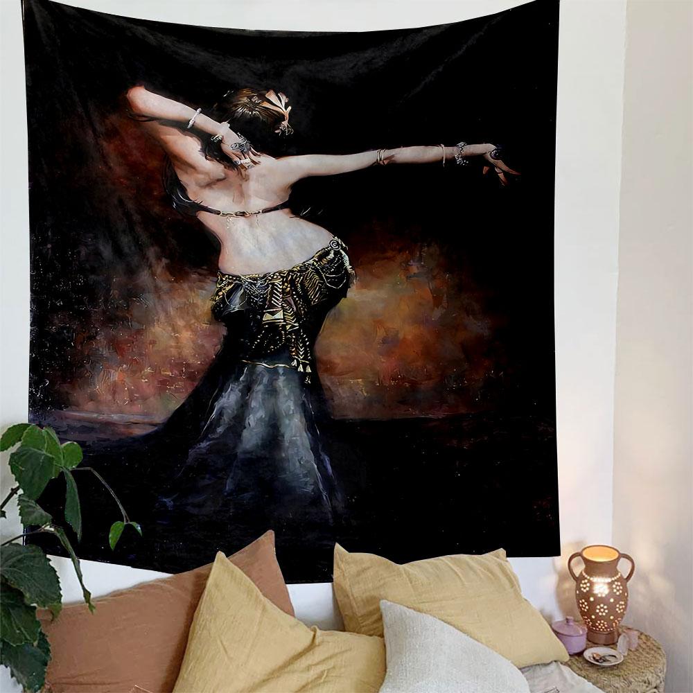 A graceful figure in a decorative outfit with dynamic, flowing movement. Patterned tapestry for bedroom and living room home decor