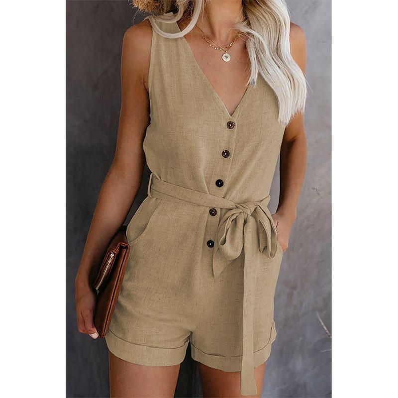 Women V Neck Sleeveless Button Jumpsuit Romper Elegant Tunic