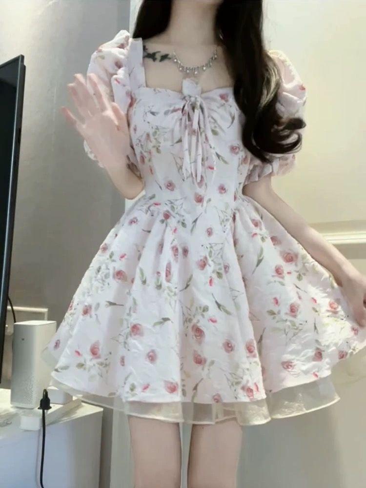 First Love Sweet Floral Dress Women's Summer New Waist Skinny Small Fresh Running Princess Fluffy Short Dress