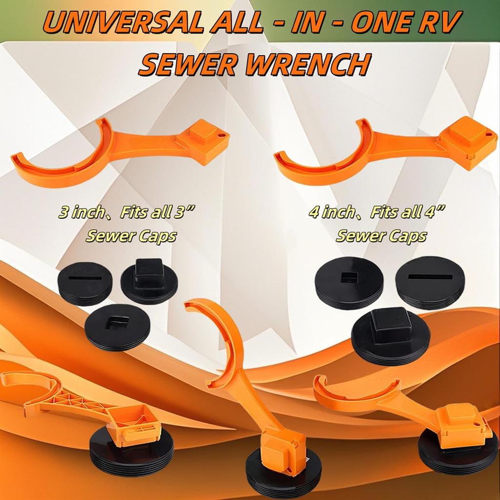 RV Sewer Hose Wrench - 3&4 Inch Male/Female Cap Tool, Fits Camco Rhino/Revolution Hoses, Orange ABS For Cleanout Plugs - Easy Tall/Remove 2 PCS