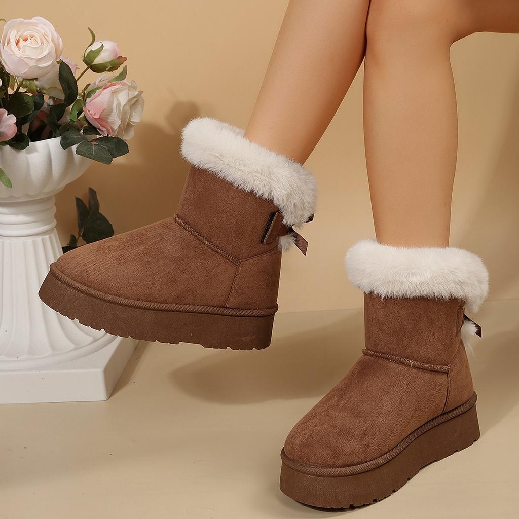 2025 Winter New Snow Cotton Boots Women's Platform Bow Casual Fleece Thickened Warm and Non-slip Cotton Boots