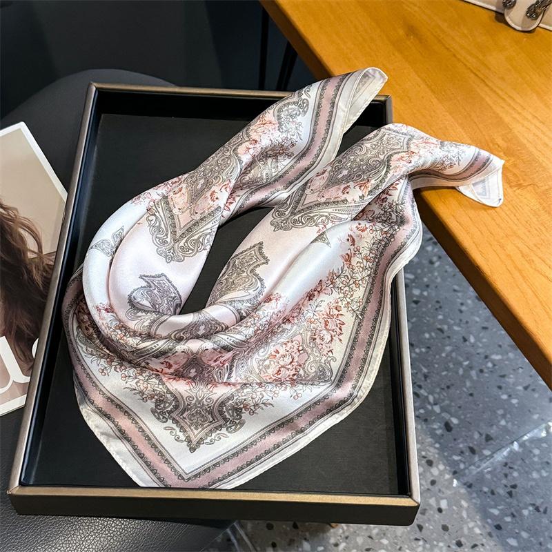 100% Silk Scarf Retro Cross Flower Pattern Square Scarves for Women Wrap Kerchief Mulberry Silk Bandana Headband Hijab