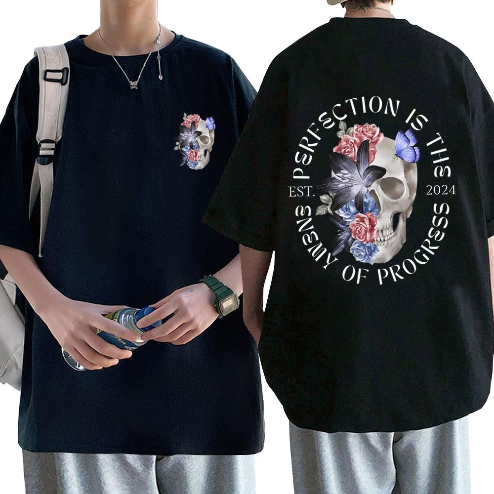 Perfection Is The Enemy of Progress Gym Pump Tshirt Men Women Funny Skull T Shirts Male Casual Oversized Ocollar Tshirt Tops