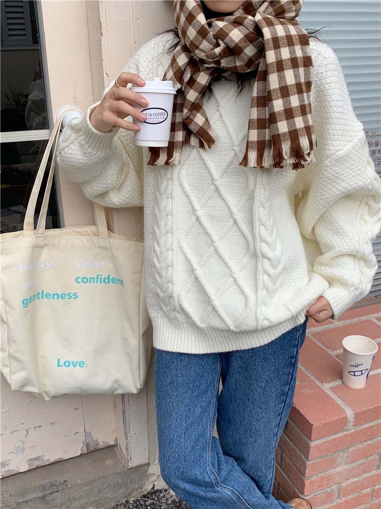 

Twist red top autumn and winter medium length thickened pullover loose outside lazy wind knitted sweater low crew neck sweater women бежевый