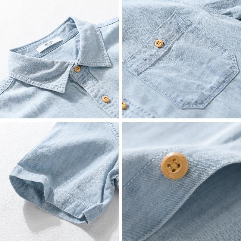 Summer Casual Denim Short Sleeve Shirts Men Clothing Pure Cotton Slim and Thin Soft Streetwear