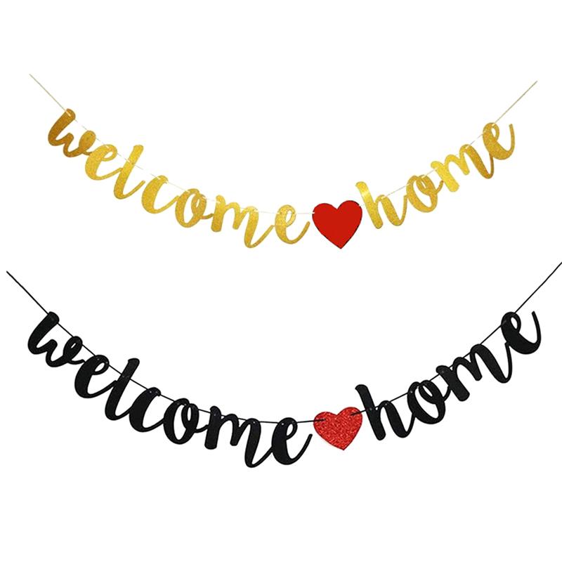 Welcome Home Banner Decoration Black Glitter Home Party Signs Decorative Flags For Military Homecoming Theme Party Supplies