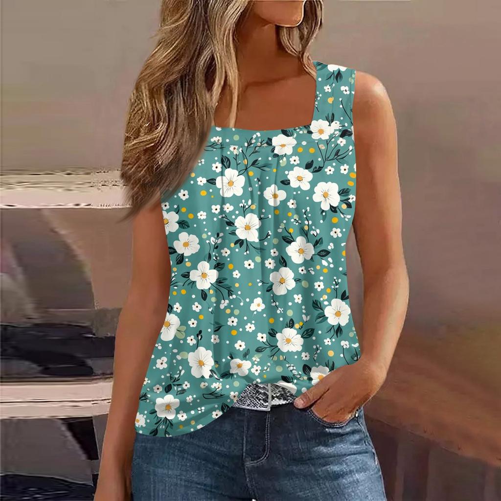 Square Collar Tank Top Women Print Tank Tee Casual Loose Fit Sleeveless Shirt