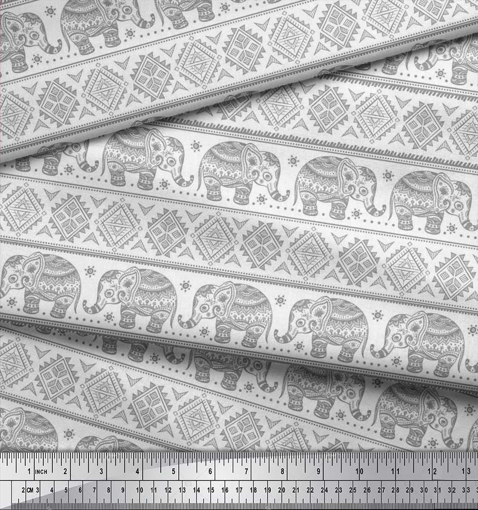 Soimoi Japan Crepe Satin Fabric Aztec & Tribal Elephant Ethnic Print Sewing Fabric Metre 42 Inch