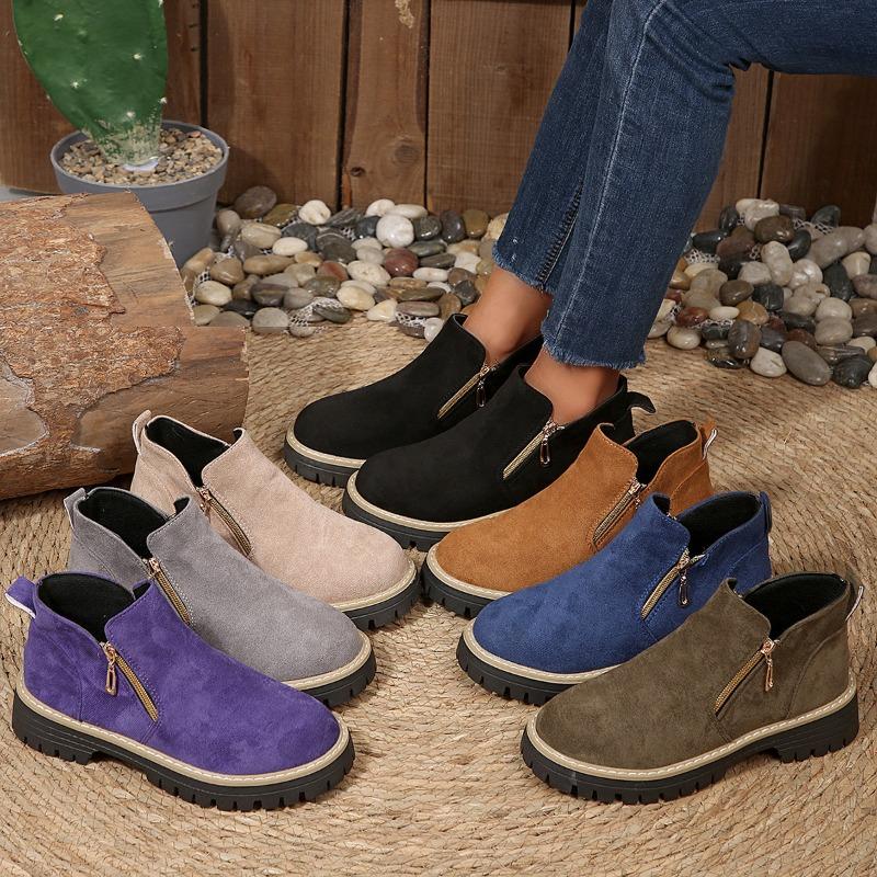 Plus-size Shoes, Double Zipper Thick-soled Boots, Women's Short Boots with Round Heads, Thick Heels and Bare Boots