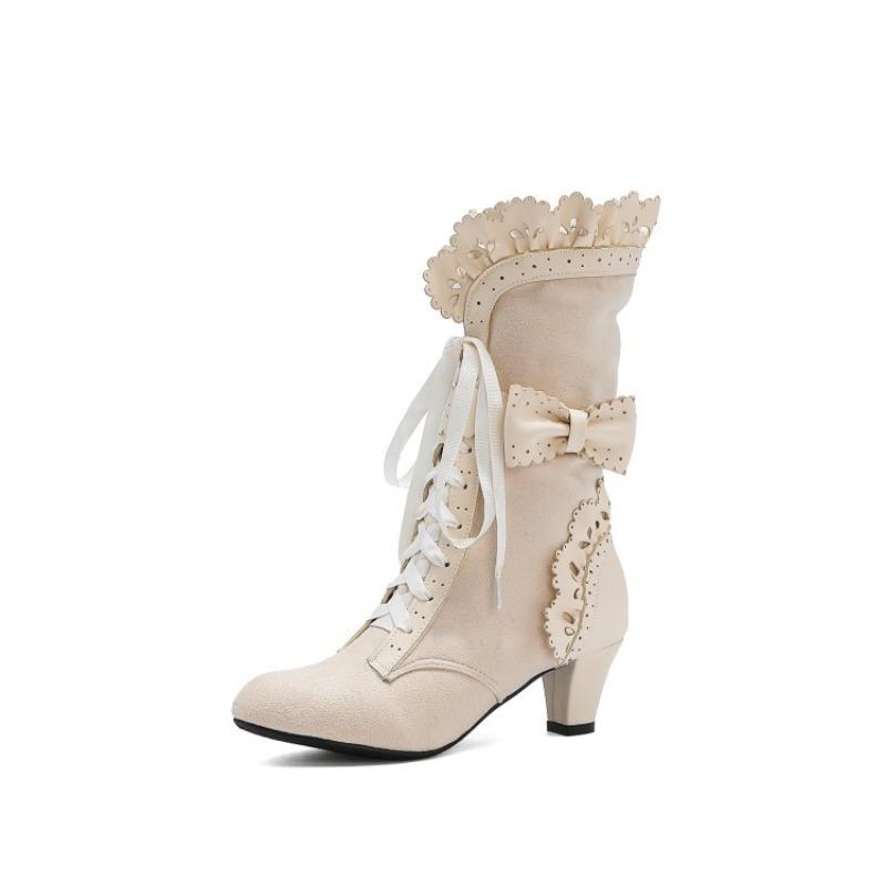 Retro Women's Boots Butterfly Knot Lace Up 6cm Square Heel High Heel Ruffle Silk Ribbon Short Boots 34-39 Large Size Women Shoes