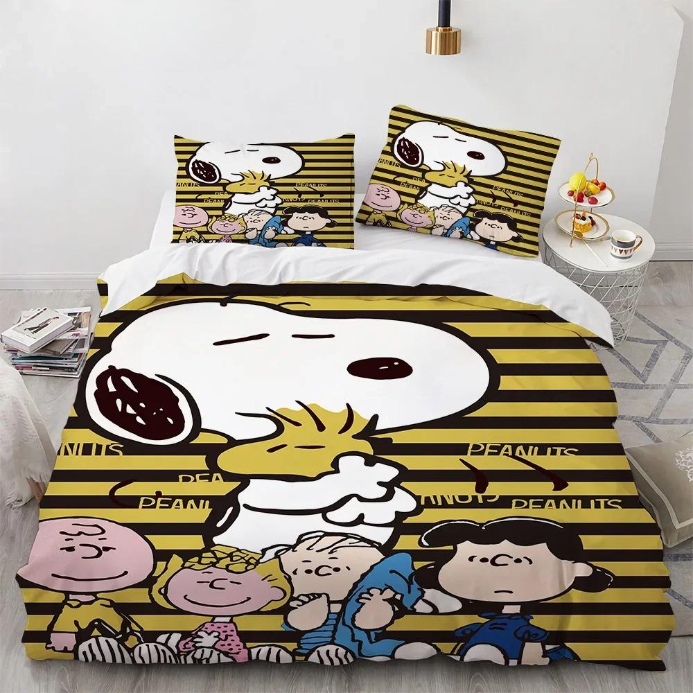 Snoopy Children's Microfibre Duvet Covers 3-Piece for Teenagers Adult Duvet Cover Cartoon Comics Bedding with Zip Gift Cover