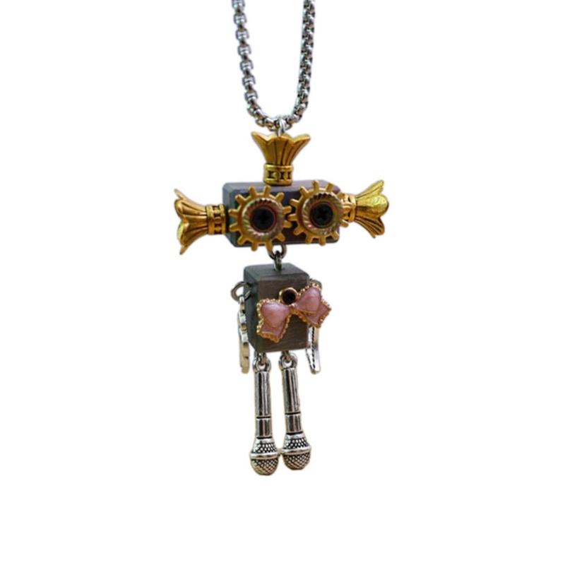 Wood Block Robot Pendant Necklace Adjustable Length Punk Neckchain Stylish Leather Cord Accessory Fade Resistant Chokers
