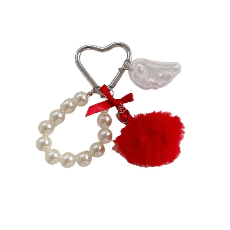 Elegant Pearls Pompoms Wing Keychain Winter Stylish Bag Charm Phone Ornament Fashion Accessory Gift For Her
