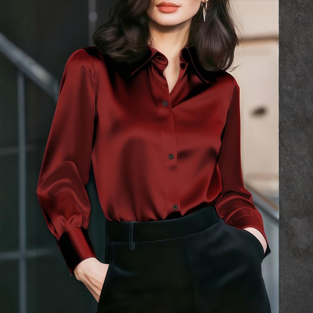 Women Long Sleeve Button Down Shirt Elegant Satin Blouse Classic Collar Loose Fit Office Top for Business Casual Wear