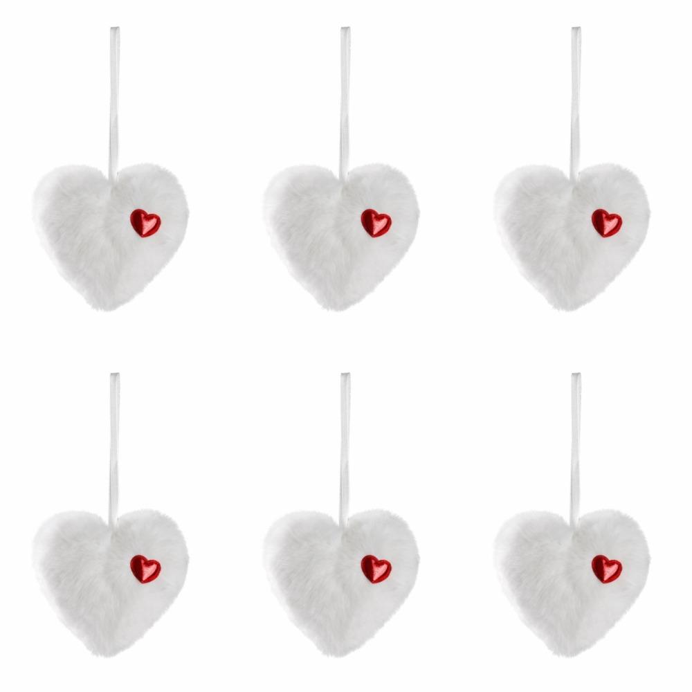 6pcs Colorful Fluffy Heart Christmas Balls Ornaments Handmade Bag Charms Green Furry Elf Balls Pendant with Red Hearts