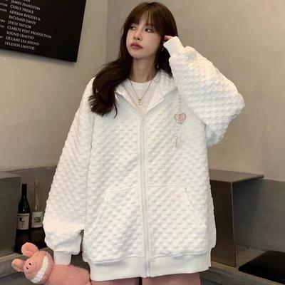 Japanese Sweet Autumn Winter JK Style Hoodies Women New Loose Retro Student Waffle Jacket Women's Zip Down Sweatshirt Top