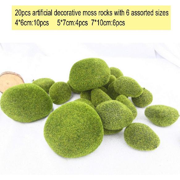 20 Pieces Assorted Sized Artificial Moss Rocks Decorative Faux Stones for Floral Arrangements Fairy Gardens Terrariums and Crafting