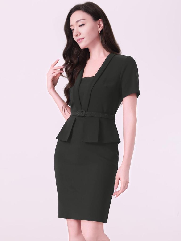 Allegra K Women's Vintage Office Dress, Belted, V-Neck, Faux Two-Piece, Slim Fit, Casual, Short Sleeve, Black, Size XS