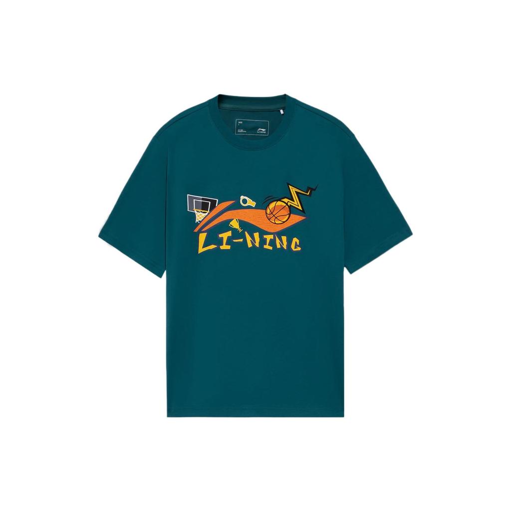 Li Ning Sports Basketball Series Letter Logo Printed Round Neck Short Sleeve T-Shirt Men T-Shirt Deep-Spruce-Green AHSS591-2