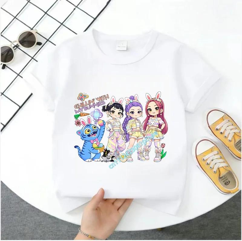 Summer Short-sleeved Cute Style Series K-pop Demon Hunters Children's Polyester T-shirt for Girls, Cute Sports Shirt for Girls