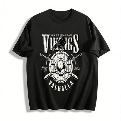 Nordische Wikinger Valhalla Thema Druck Vintage Lässiges Oberteil Reines Baumwoll-T-Shirt