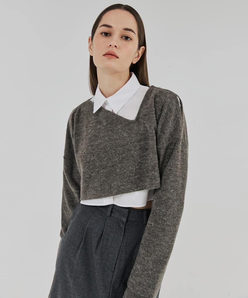 THEFRHT Cutout Two-Way Wool Crop Top (Brown Grey)