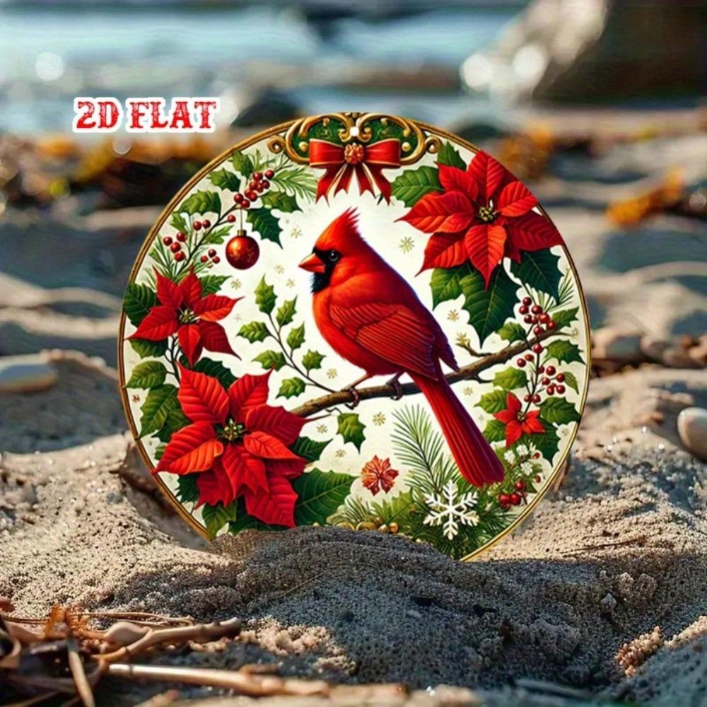Vintage Red Cardinal Poinsettia Round Metal Tin Sign Christmas Wall Art Home Decor