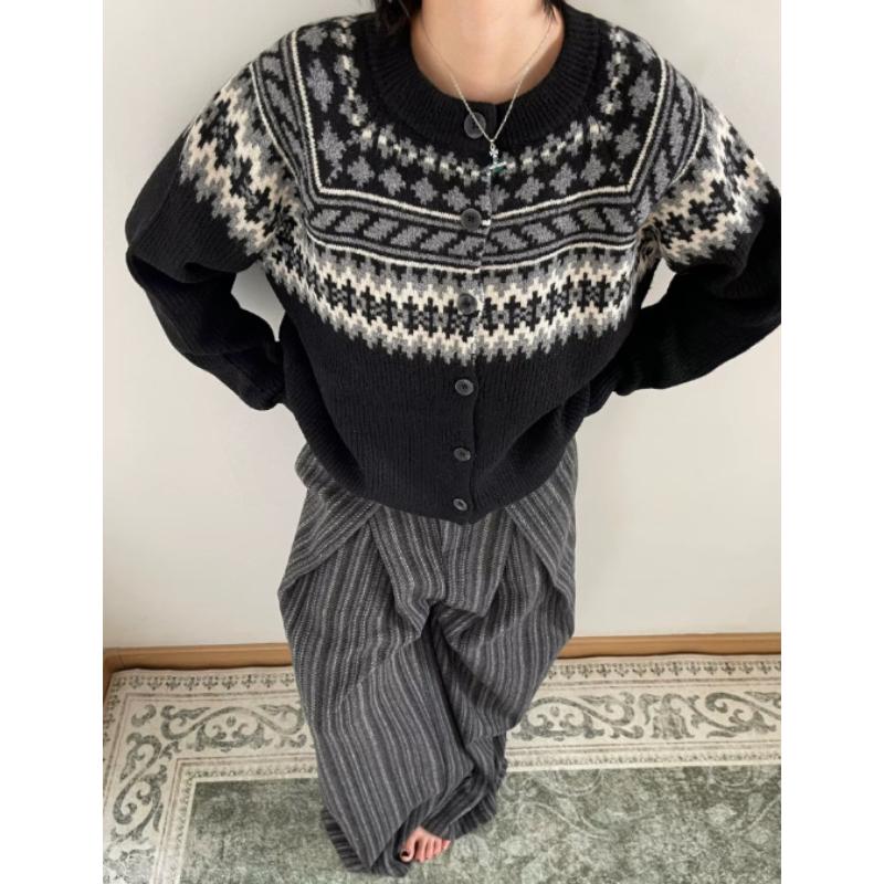 Fair Isle Crew Neck Cardigan Sweater Unisex Knit Jacquard Coat Autumn Winter New Arrival Loose Raglan Long Sleeve Top