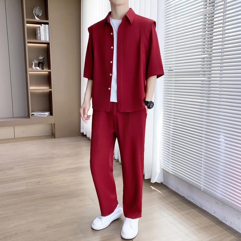 

Korean Style Two-Piece Sports Set: Thin Short-Sleeve T-Shirt & Long Pants for Winter & Summer. M красный