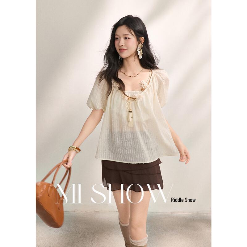 

Women s 3D Floral Textured Tencel Puff Sleeve Top L