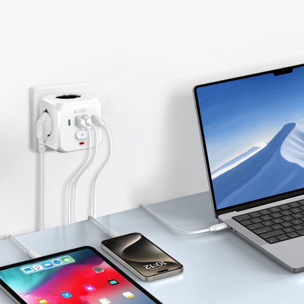 Listwa Kostka Zasilająca Rozdzielacz USB-A USB-C AC Typ Schuko - Biały